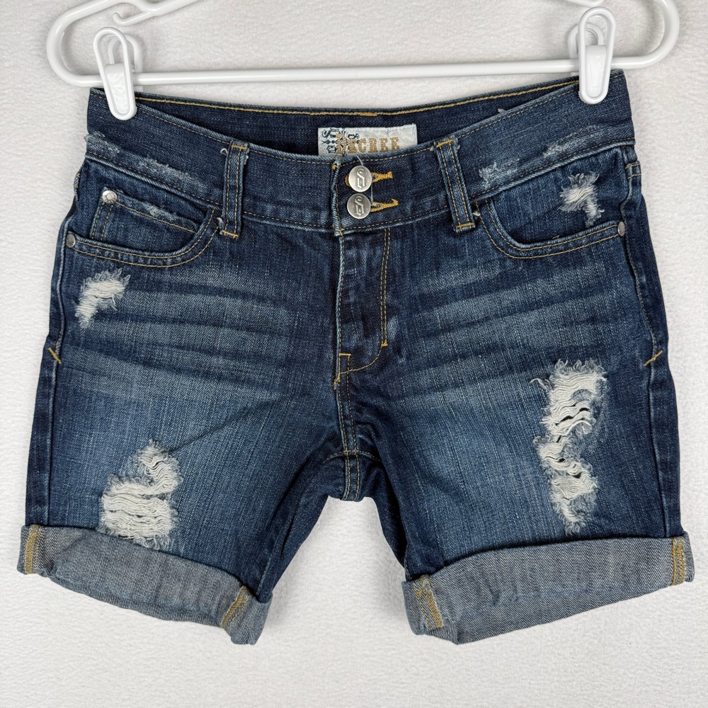 Decree Denim Shorts Womens 1 Blue Distressed Cuffed Low Rise Pocket Flap Y2K